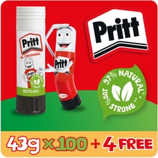 Original Pritt Glue Stick - 43g - Pack of 100 + 4 FREE